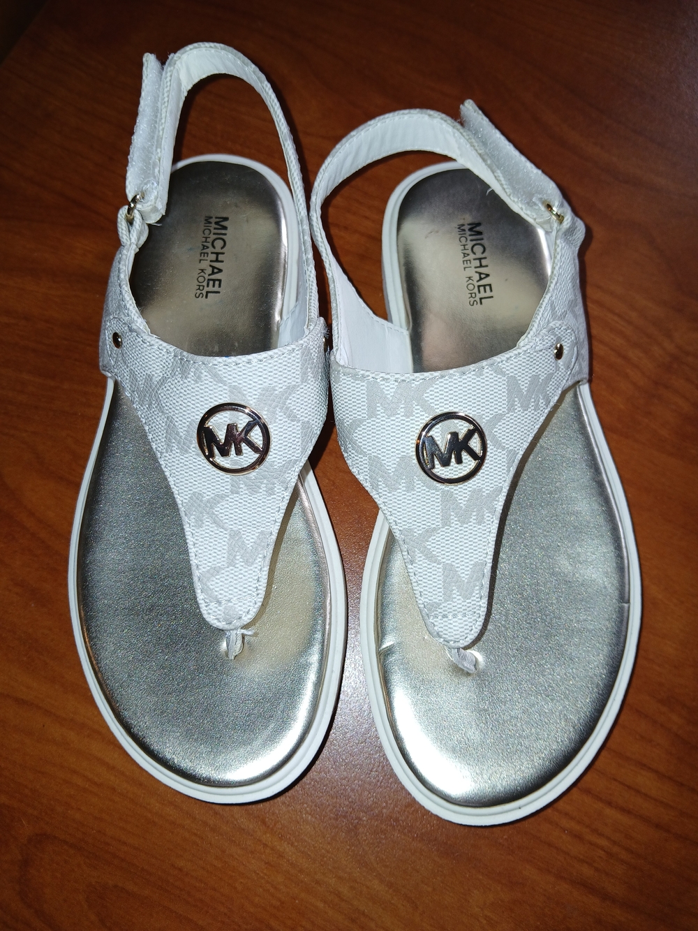 Michael Kors White MK Logo Thong Sandals with Metallic Silver Footbed